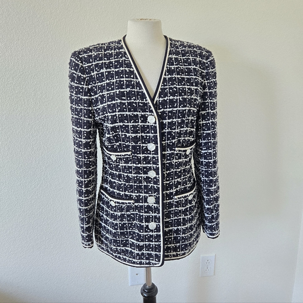 Escada Blazer Margaretha Ley Tweed Jacket Size 38 US 8 Black White Wool Shimmer